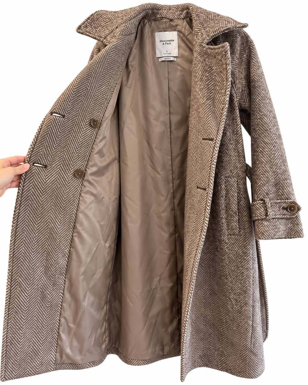 Abercrombie & Fitch Carrie Wool Blend Trench Coat Brown Herringbone Winter Coat - Picture 5 of 10